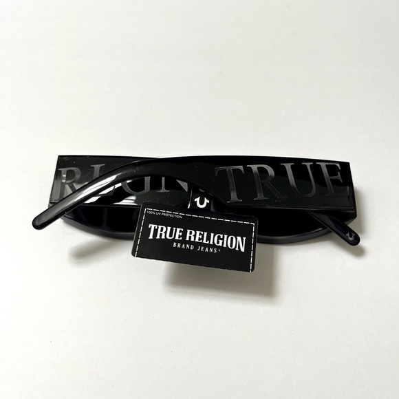 New TRUE RELIGION Slim Embossed Sunglasses Rectangle Wide Leg Logo Black Acetate main image 4